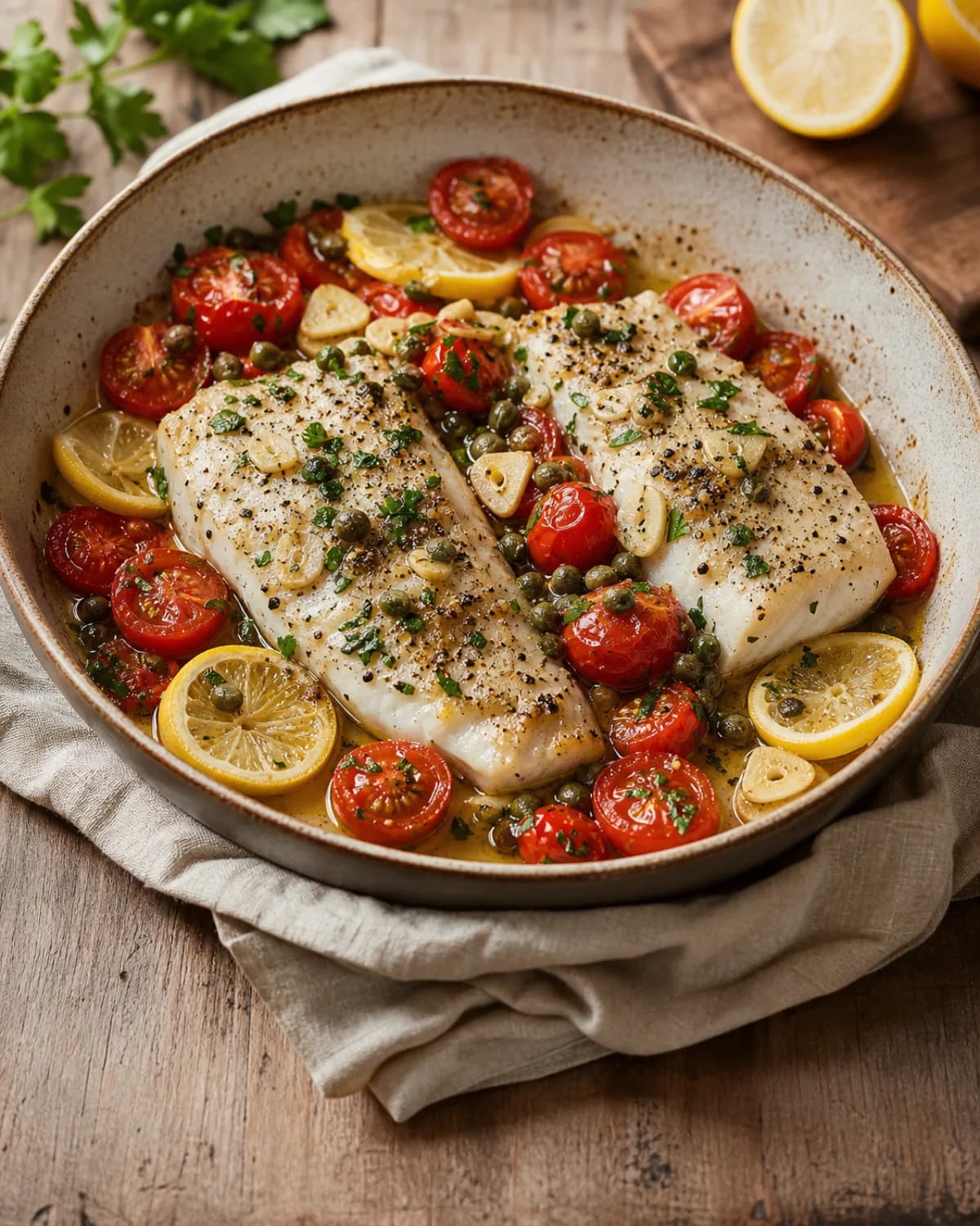 Baked Cod with Lemon, Capers & Cherry Tomatoes in the Narrated food library