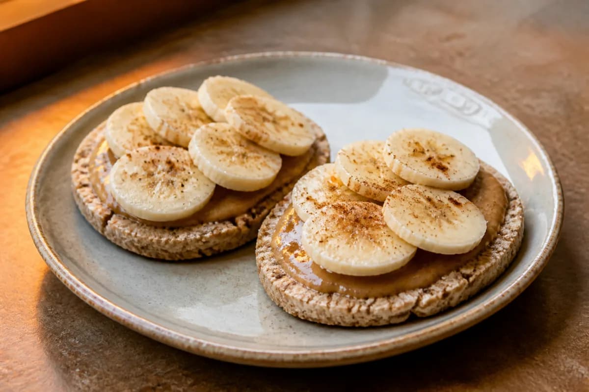 Oatcakes topped with almond butter and banana slices on a small ceramic plate.