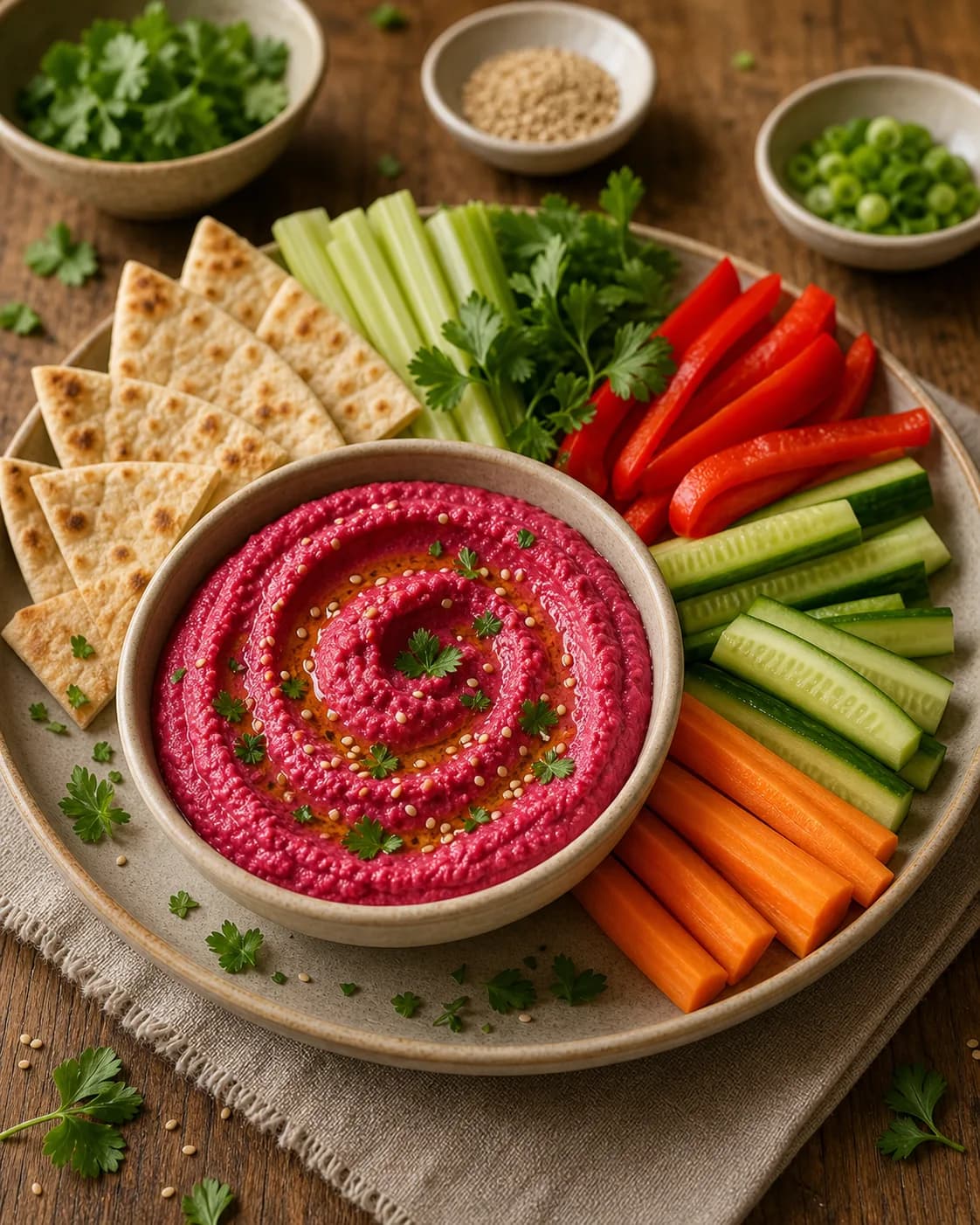 Beetroot Hummus Veggie Plate in the Narrated food library