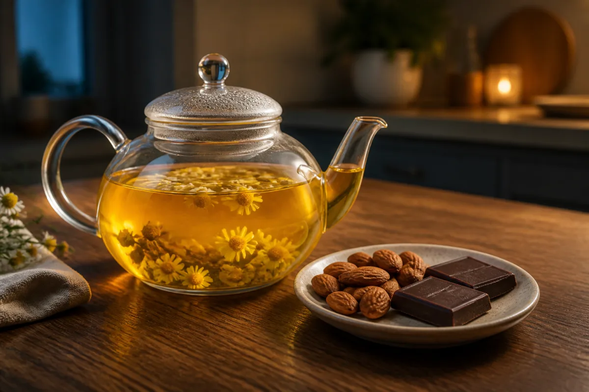 A glass teapot of chamomile tea beside a small plate of almonds and dark chocolate.