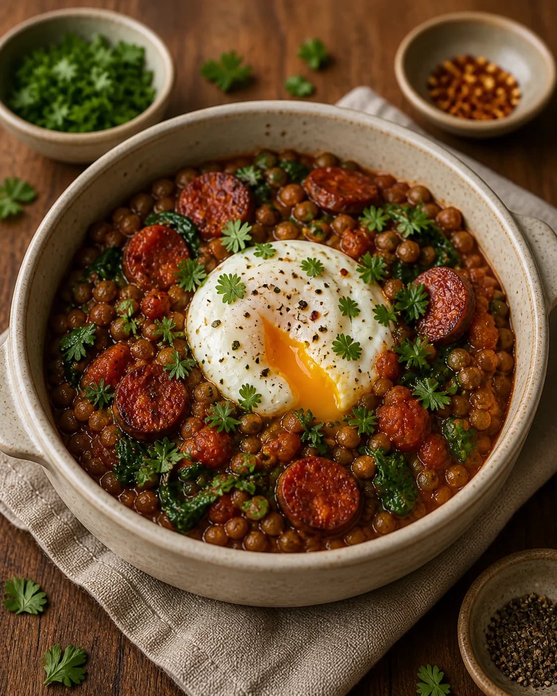 Chorizo, Lentil & Egg Baked Pot in the Narrated food library