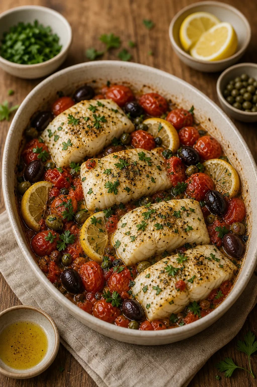 Cod with Tomatoes, Olives & White Beans in the Narrated food library