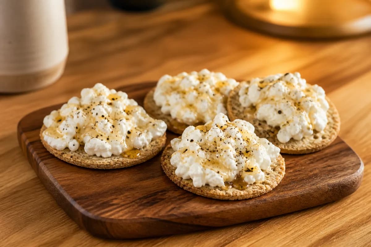 Oatcakes topped with cottage cheese and honey on a small wooden board.