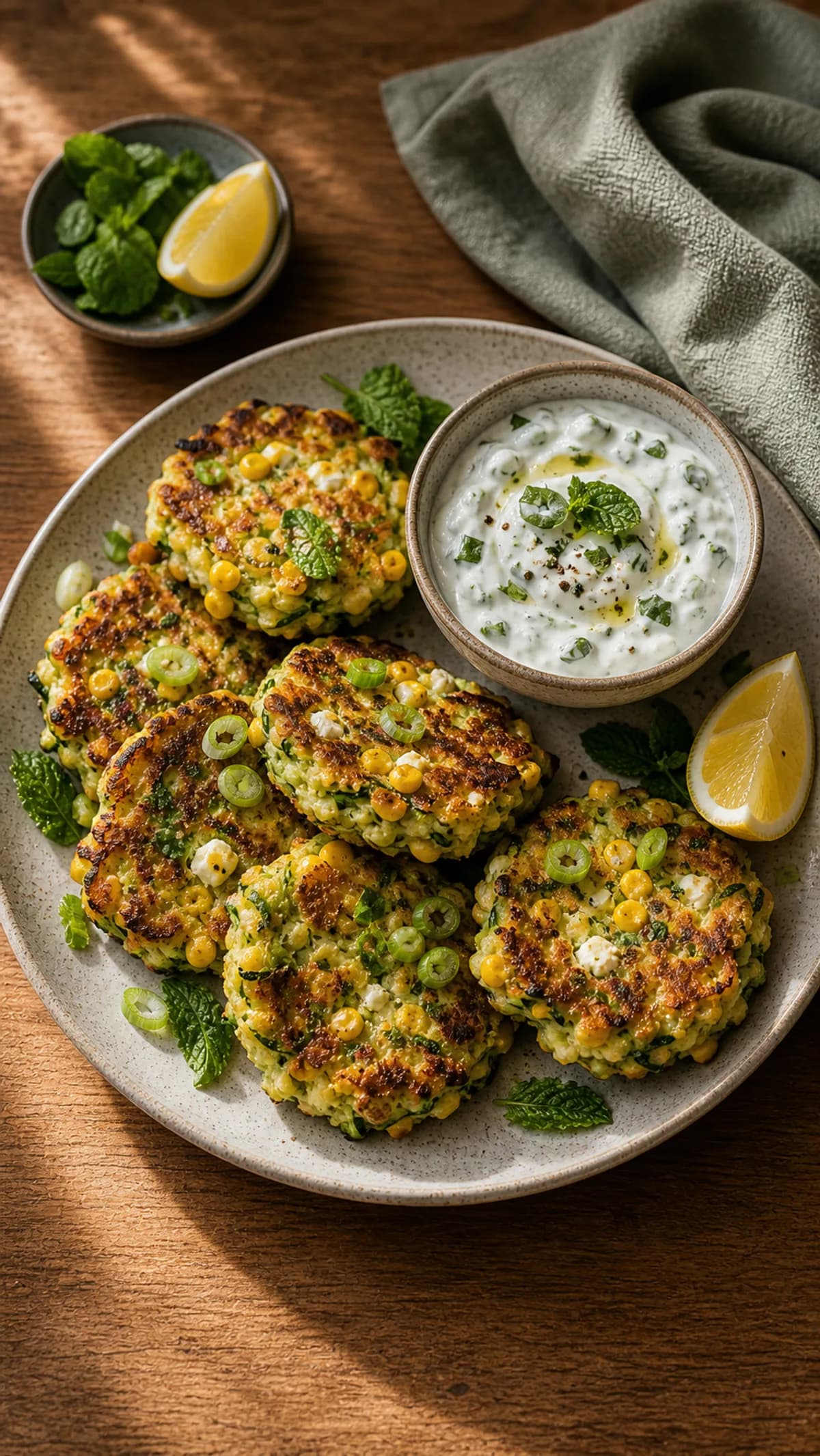 Courgette & Sweetcorn Fritters with Herby Yogurt in the Narrated food library