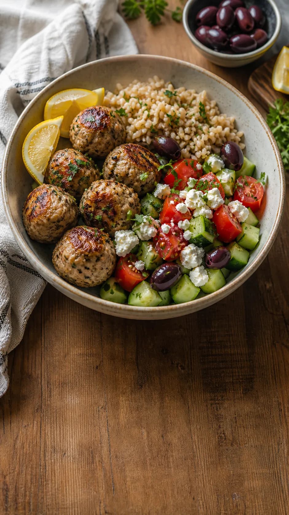 Greek turkey and feta bowl with cucumber, tomatoes, olives, grains, and herbs