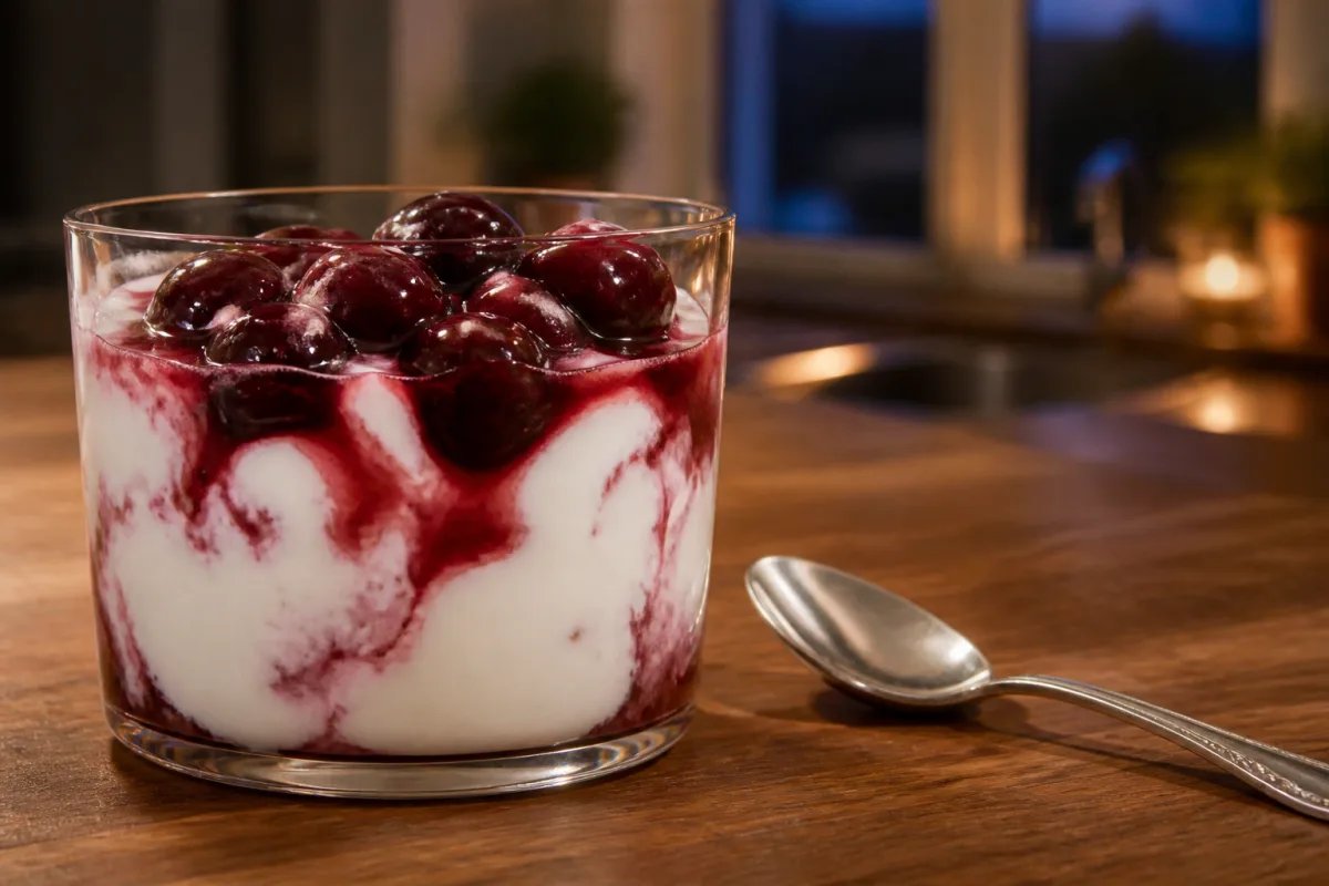 A glass of thick Greek yogurt topped with warm dark cherries and syrup.