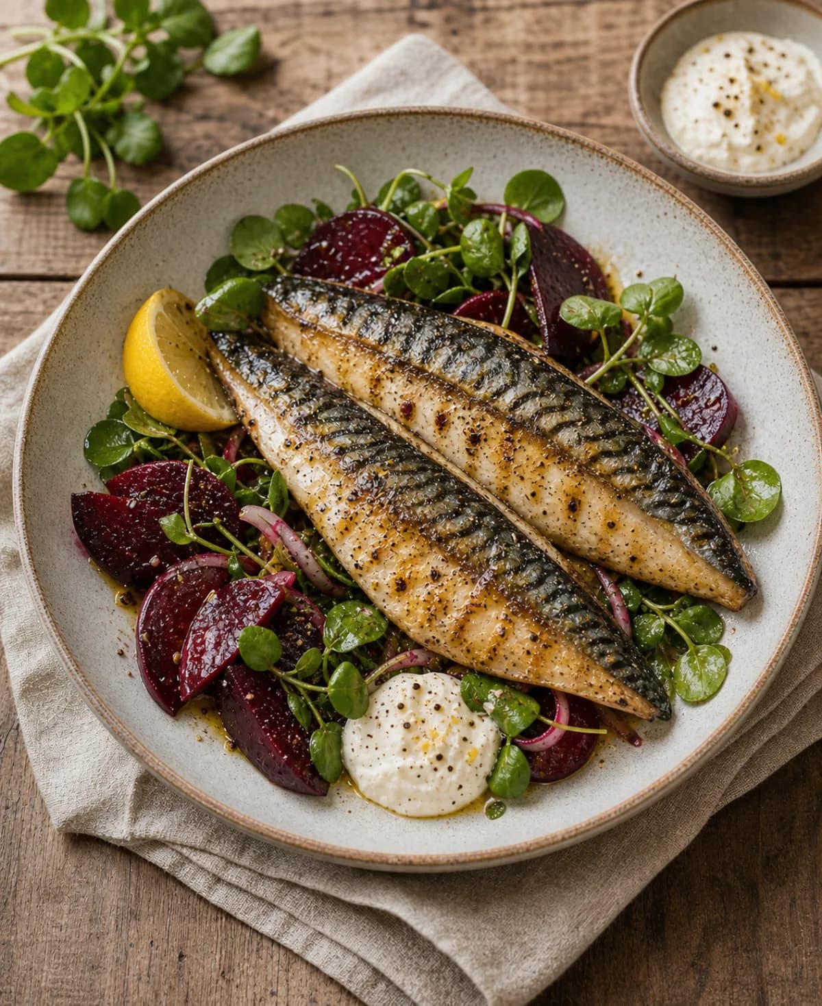 Grilled Mackerel with Beetroot & Horseradish Cream in the Narrated food library