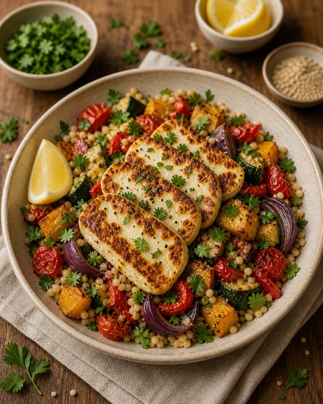 Halloumi & Roast Vegetable Couscous Bowl in the Narrated food library