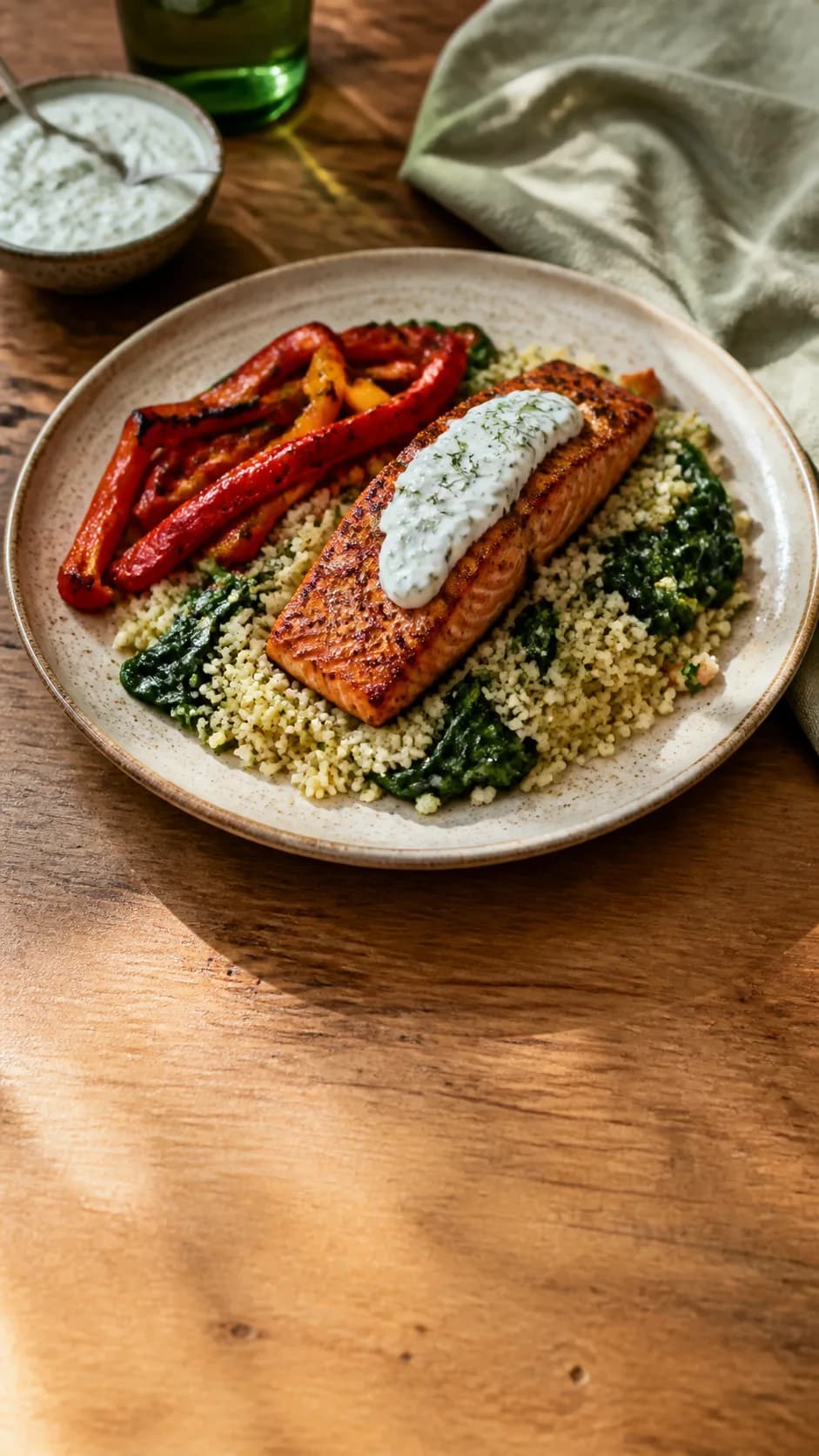 Harissa salmon with herby couscous on a ceramic plate in warm kitchen light