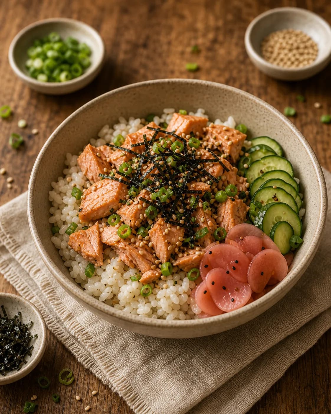 Japanese Rice Bowl with Salmon & Quick Pickles in the Narrated food library