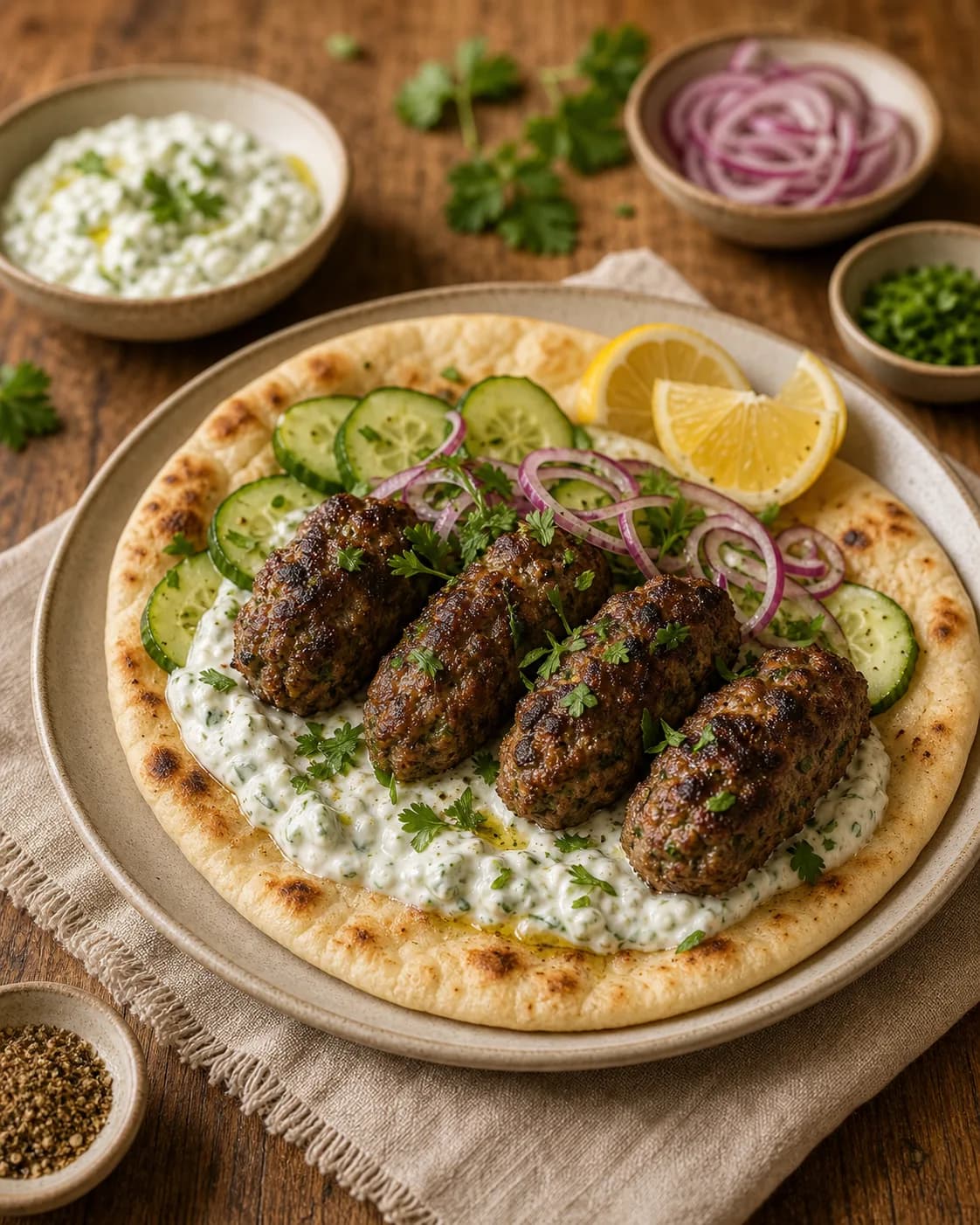 Lamb Kofta Flatbreads with Tzatziki in the Narrated food library