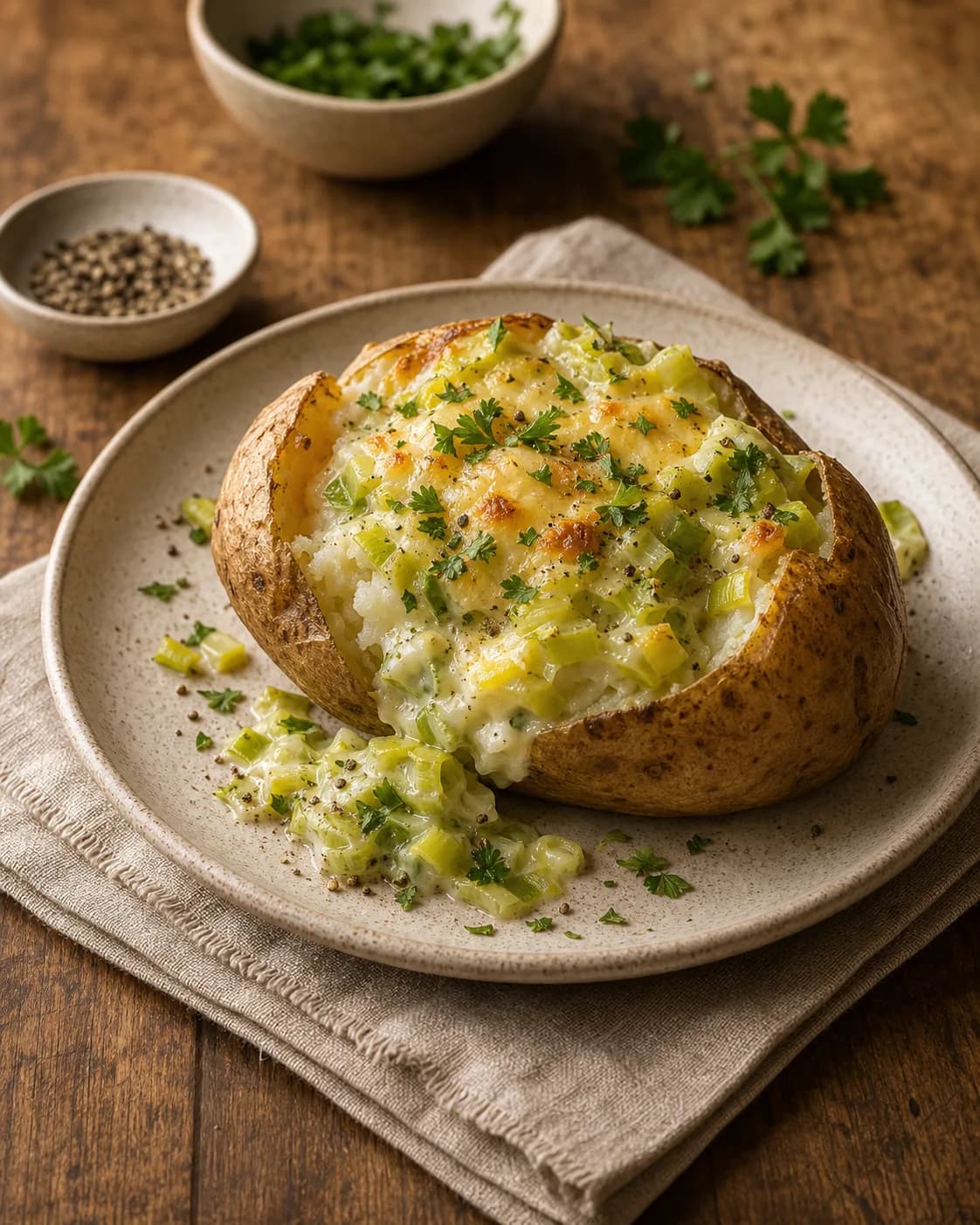 Baked Potato with Leek & Cheese Filling in the Narrated food library