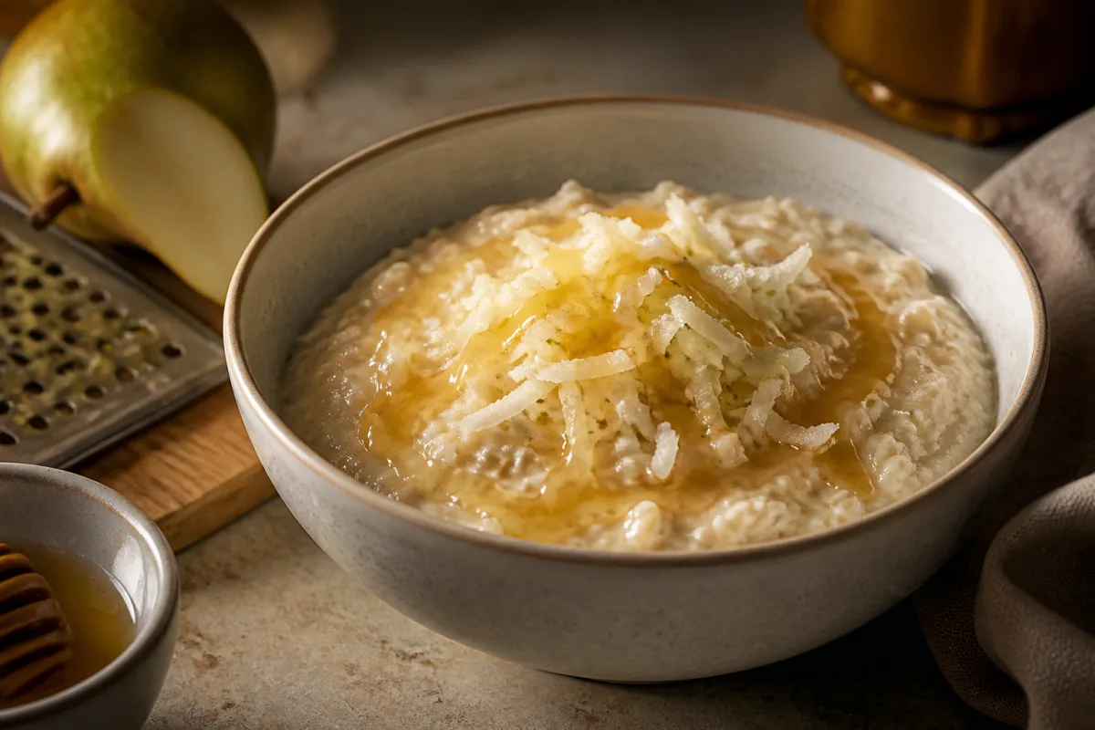 A small bowl of oatmeal topped with grated pear in warm evening light.