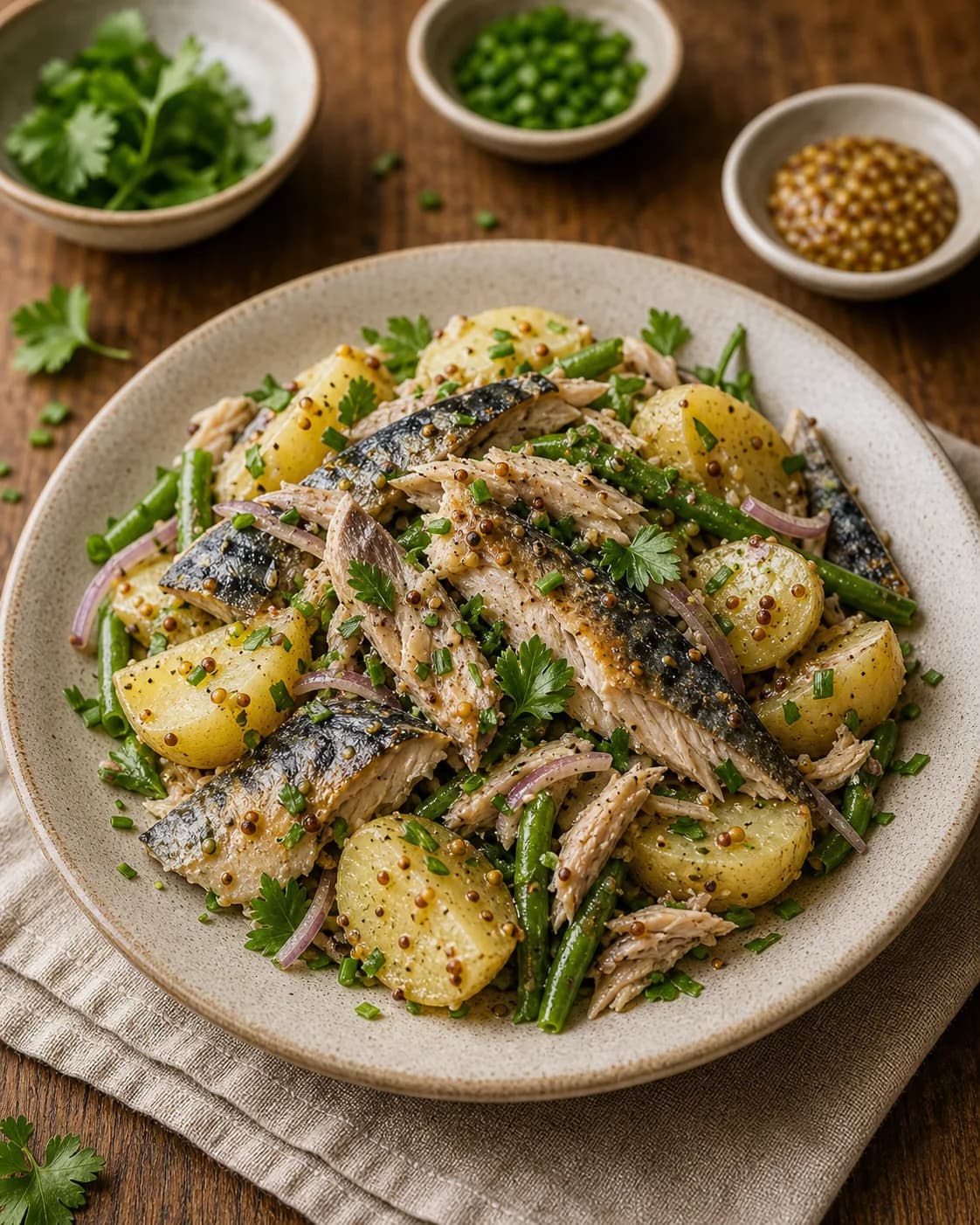 Smoked Mackerel Potato Salad with Mustard Dressing in the Narrated food library