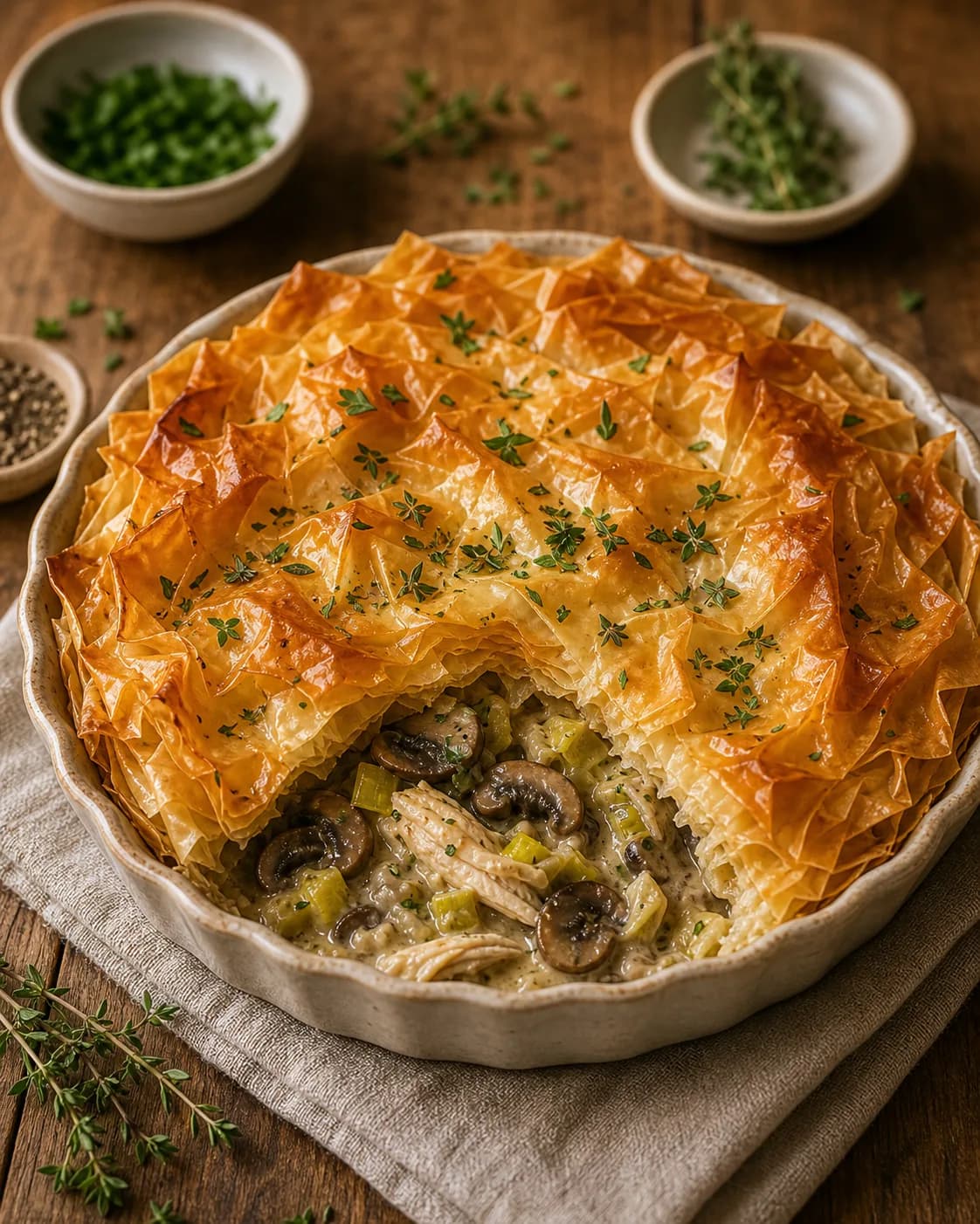 Chicken, Mushroom & Leek Filo Pie in the Narrated food library