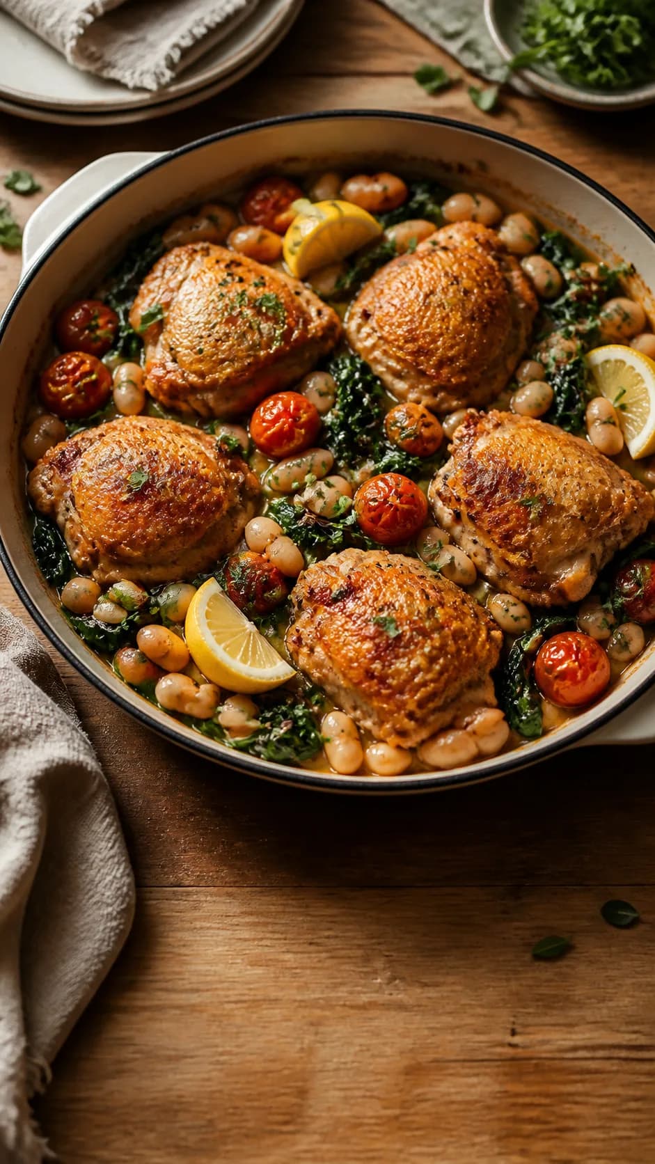 One-pan chicken thighs with butterbeans, greens, tomatoes, and lemon in a rustic casserole dish