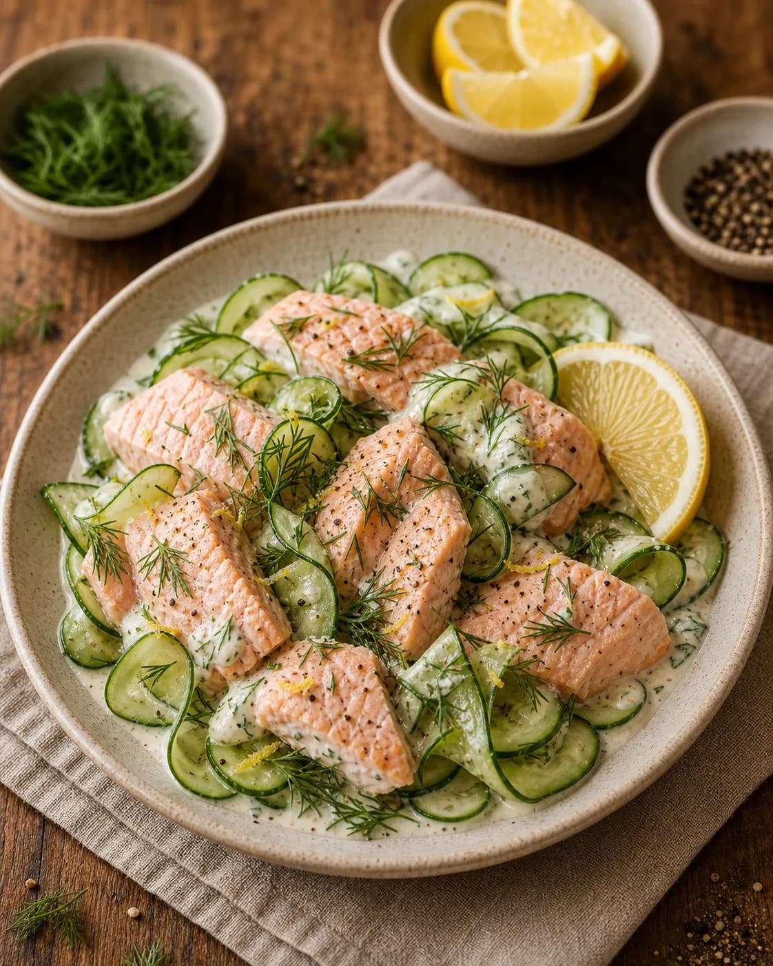 Poached Salmon with Cucumber & Dill Salad in the Narrated food library
