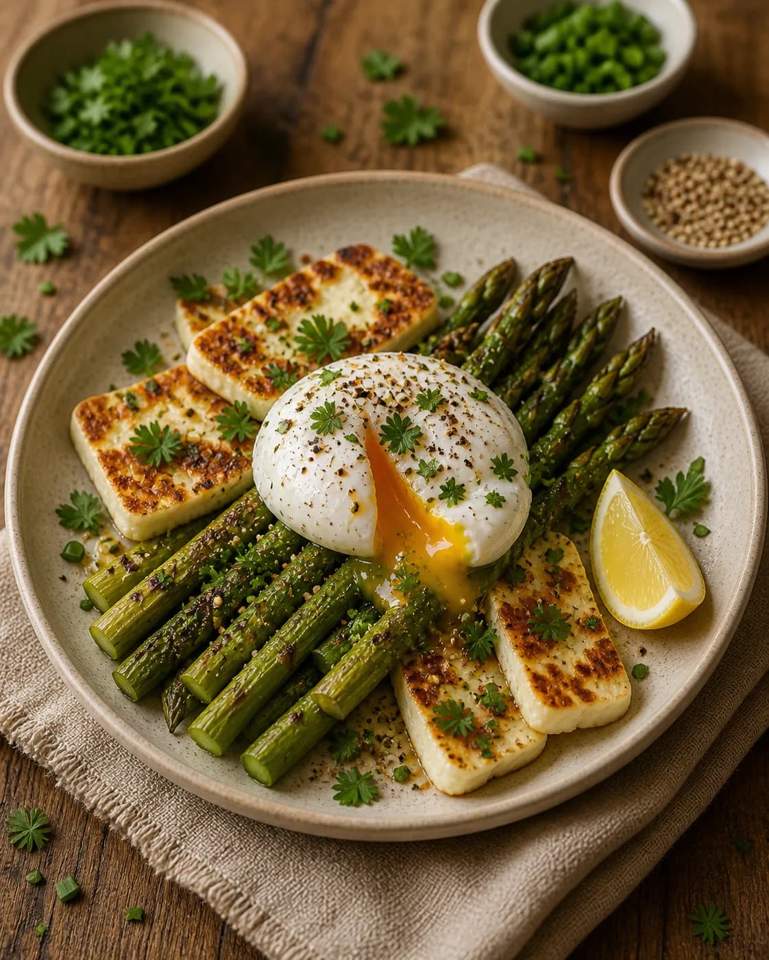 Roast Asparagus, Egg & Halloumi Plate in the Narrated food library