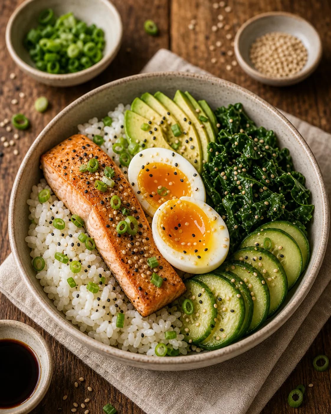 Salmon, Egg & Rice Nourish Bowl in the Narrated food library