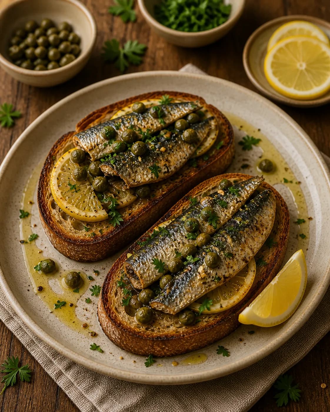 Sardine Toast with Lemon & Capers in the Narrated food library