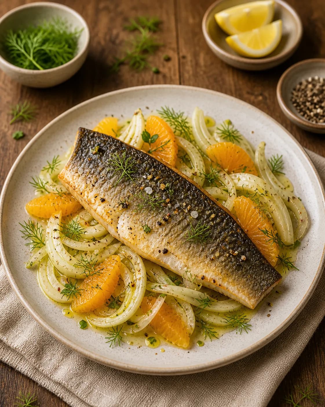 Pan-Fried Sea Bass with Fennel & Orange Salad in the Narrated food library