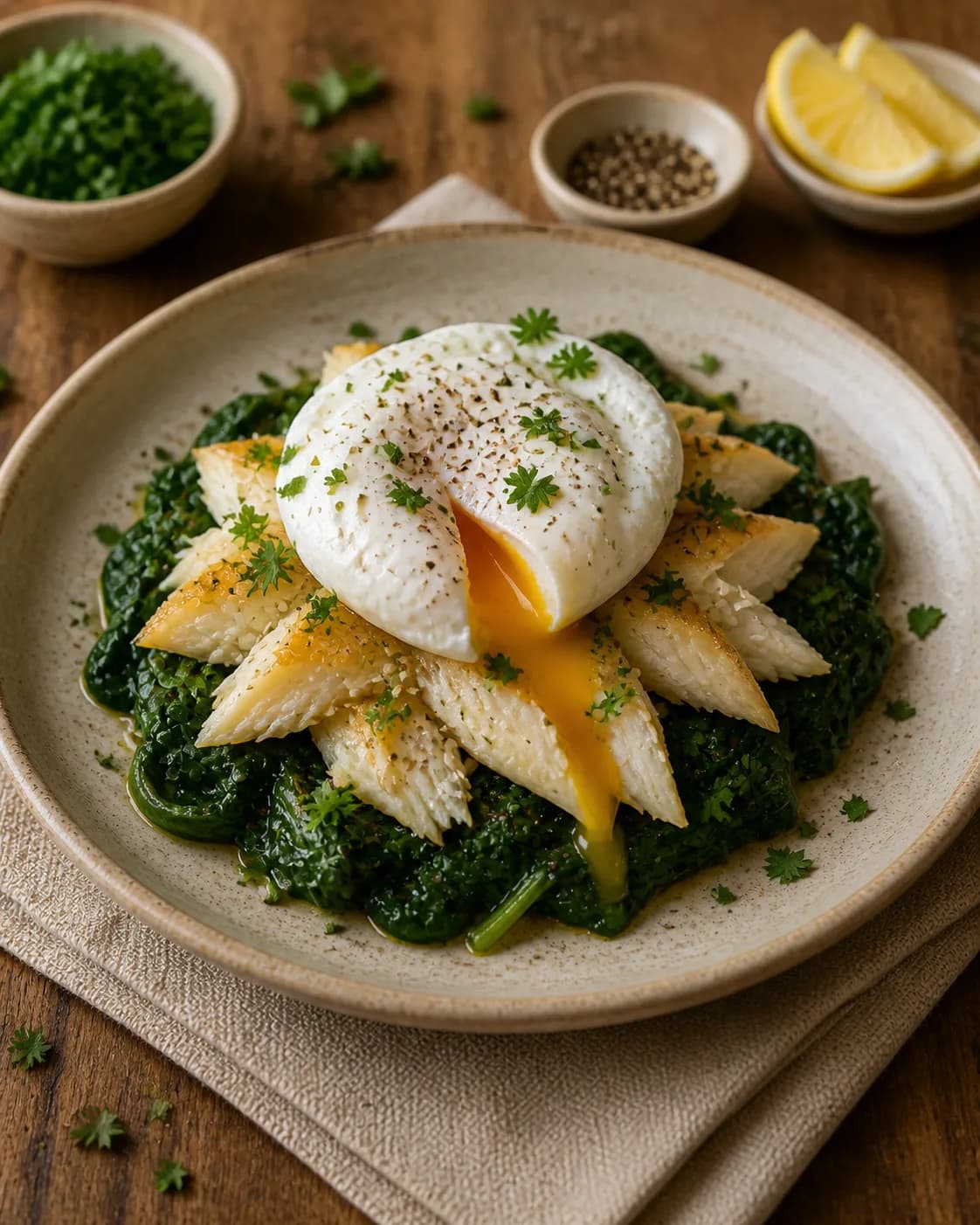 Smoked Haddock with Poached Egg & Spinach in the Narrated food library