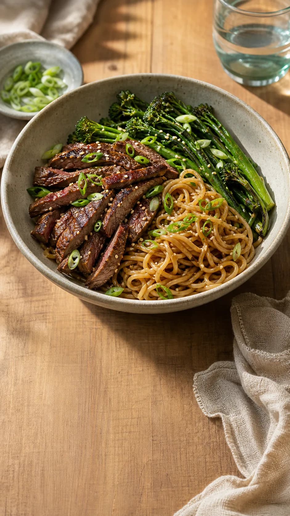 Steak strips with miso noodles and tenderstem broccoli in a ceramic bowl