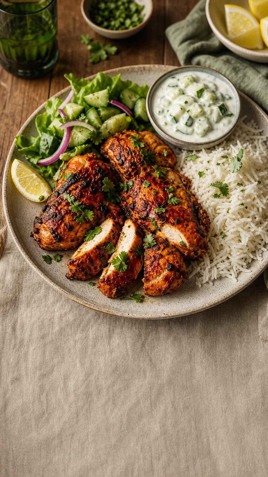 Tandoori chicken with basmati rice and cucumber raita on a ceramic dinner plate