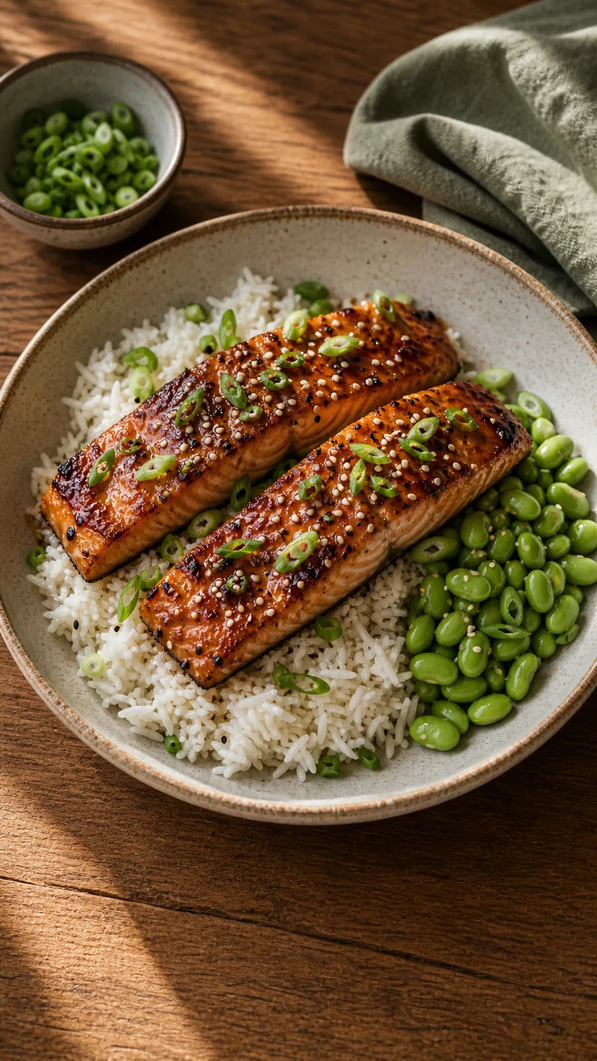 Teriyaki Salmon with Jasmine Rice & Edamame in the Narrated food library