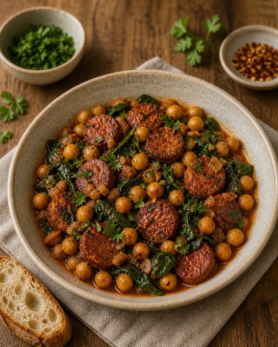Warm Chickpea, Chorizo & Spinach Salad in the Narrated food library