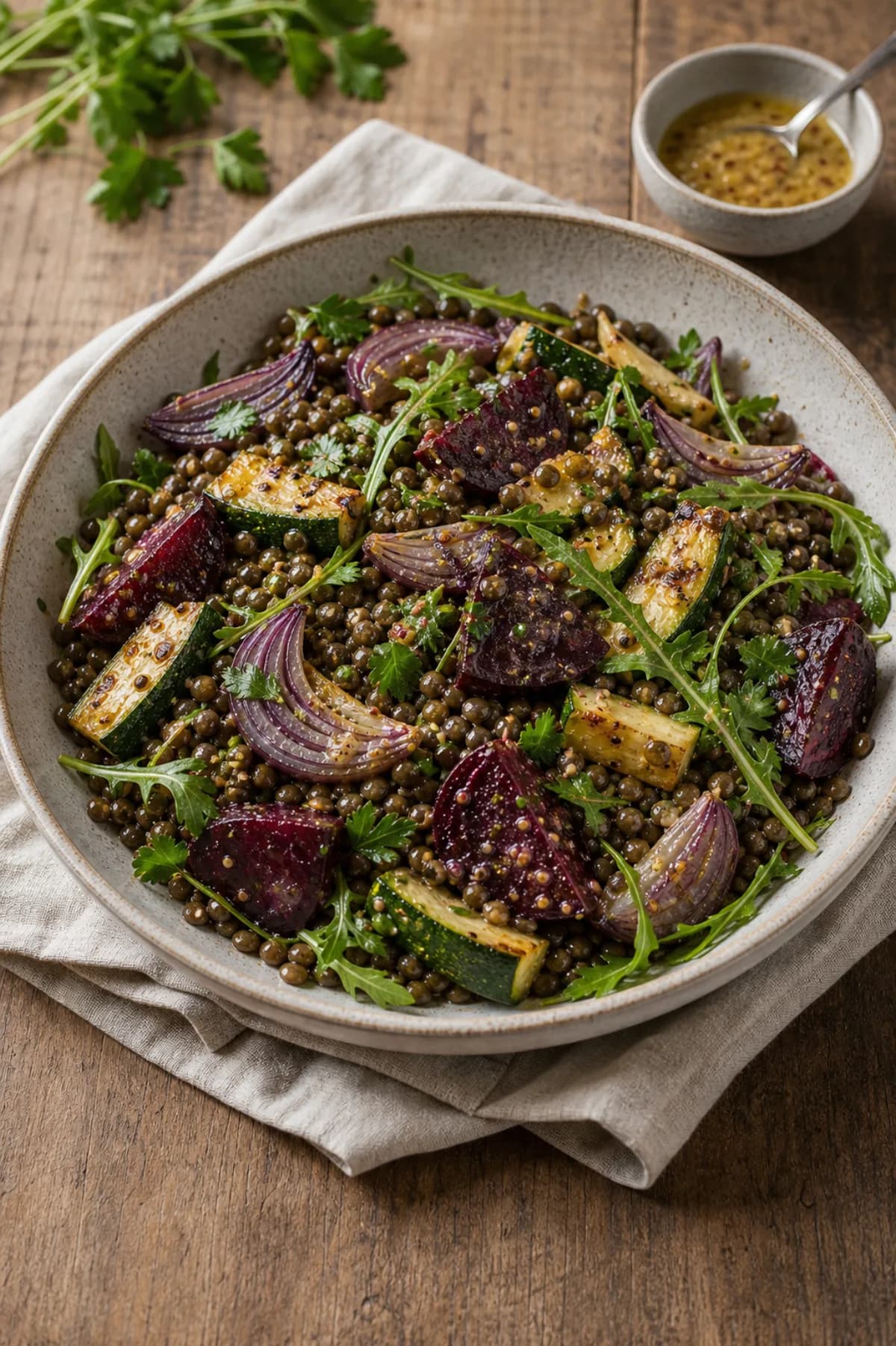 Warm Lentil & Roast Vegetable Salad in the Narrated food library