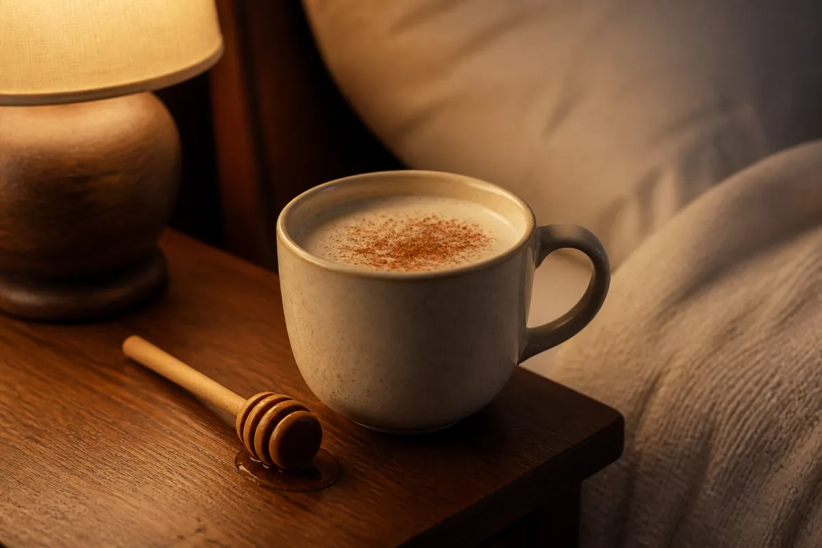A warm mug of milk dusted with cinnamon on a bedside table in soft lamplight.