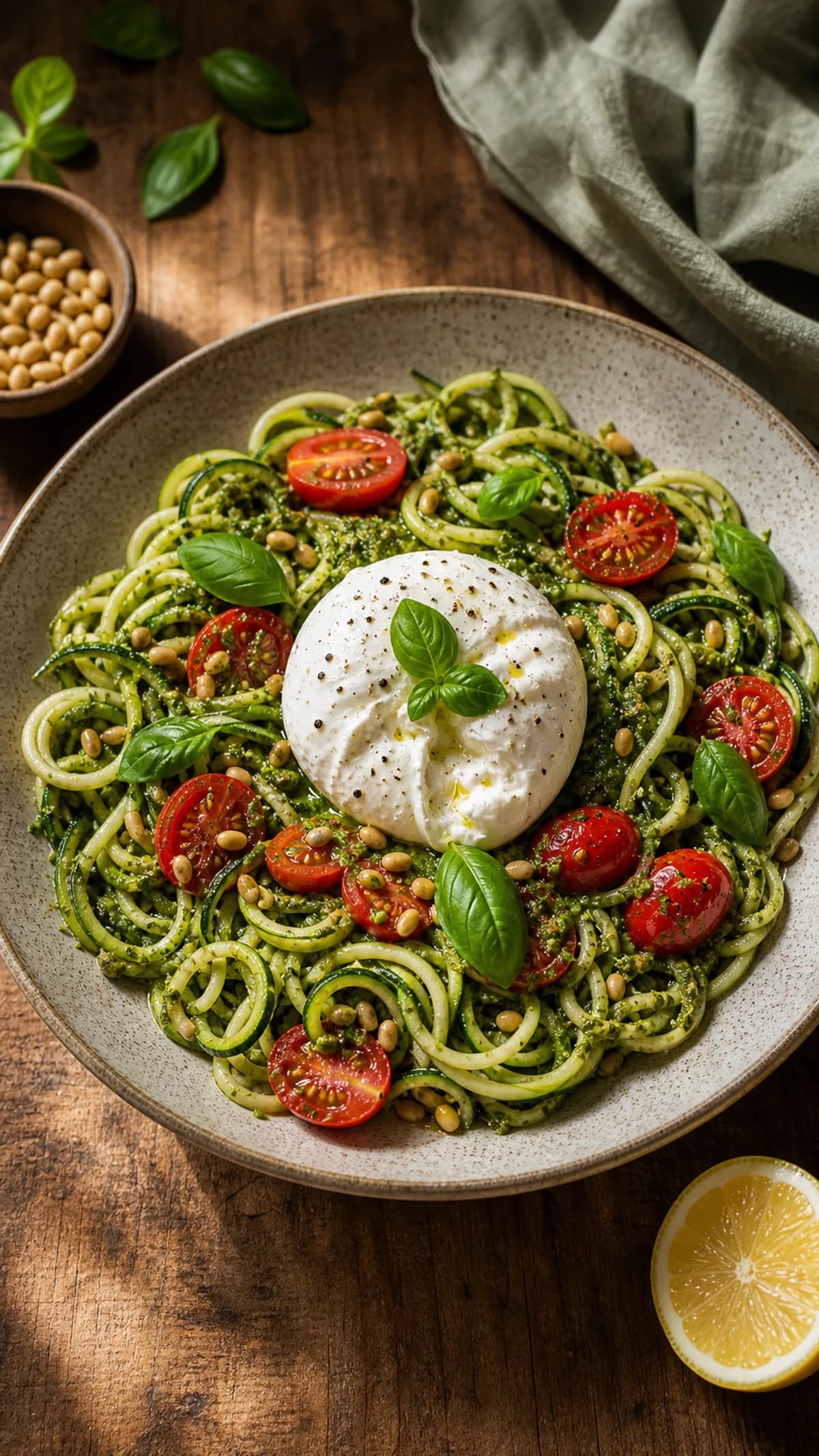 Courgette Noodles with Pesto & Burrata in the Narrated food library