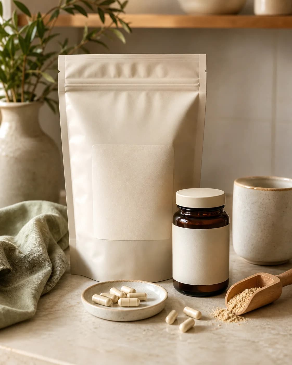 Unlabeled supplement packaging in a warm cream and sage setting