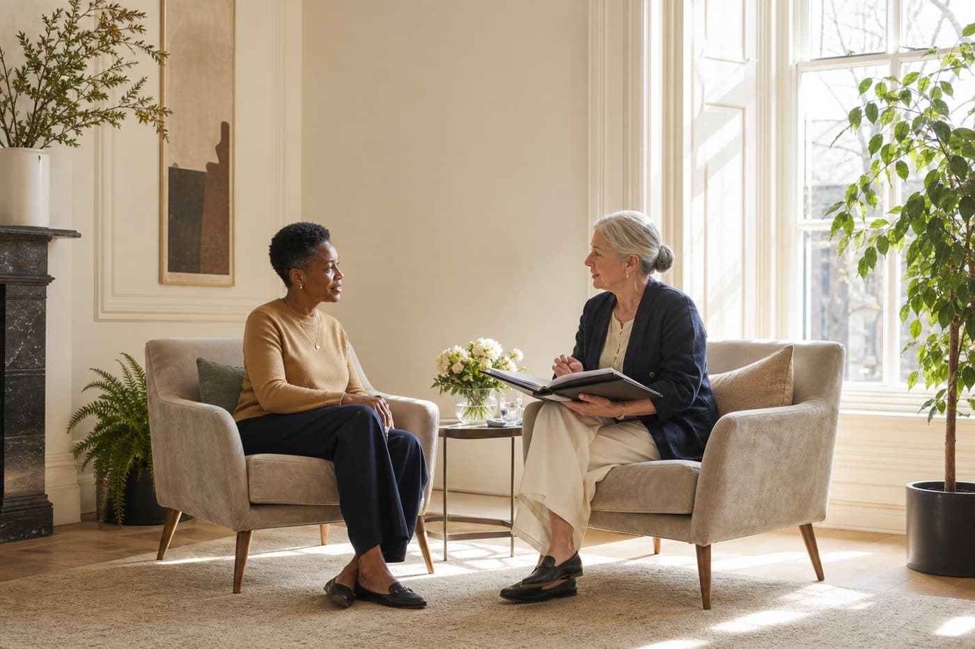 Two women in armchairs in a bright consulting room, a folder of notes open between them.