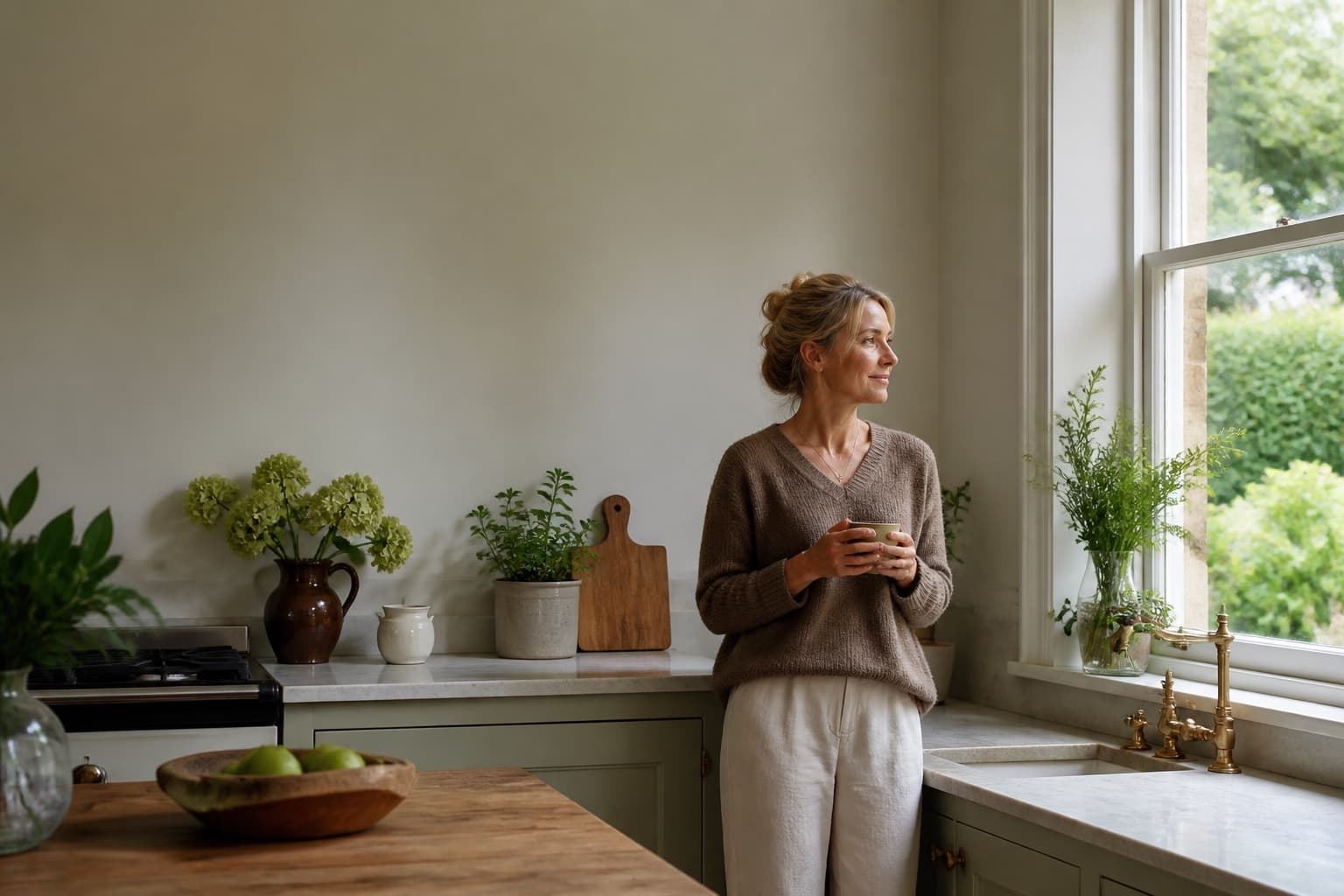 A woman standing at a bright kitchen window with a cup of tea, looking out at the garden.