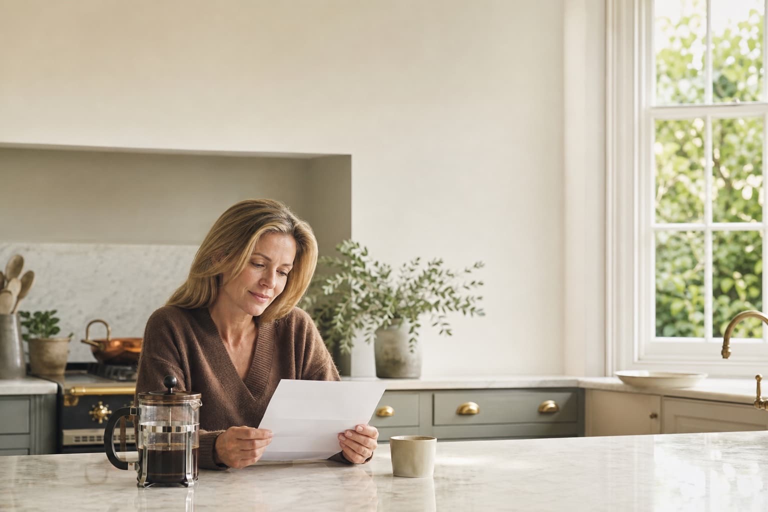 A woman reading quietly in an armchair by a window, papers resting on the arm.