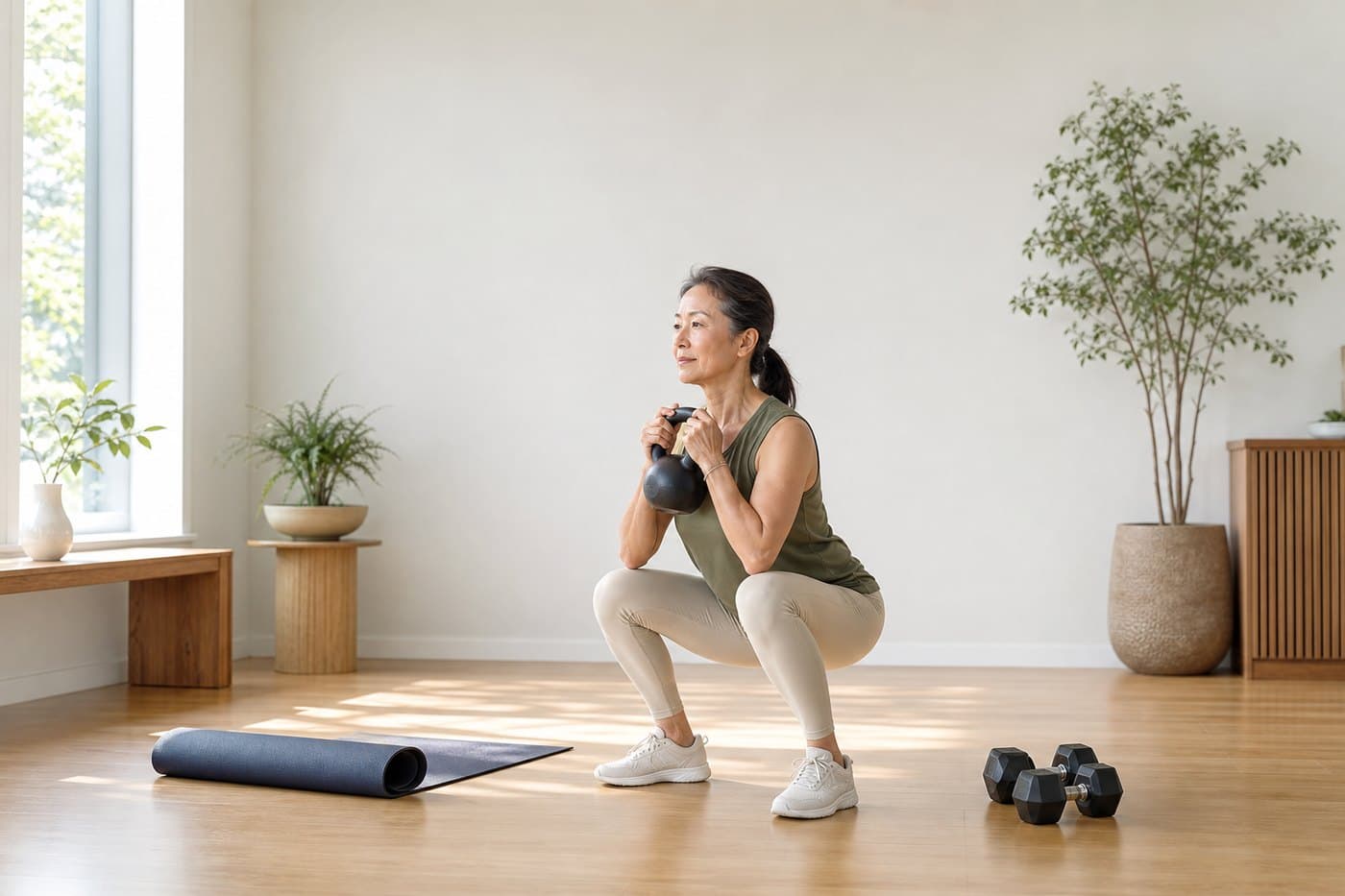 A woman holding a strong goblet squat with a kettlebell in a bright home studio.