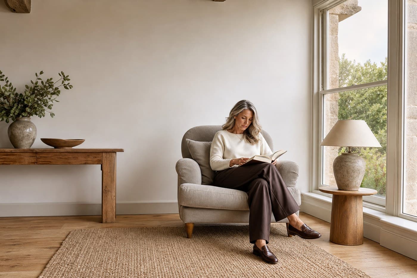 A woman around fifty reading at a kitchen table in bright daylight, absorbed and clear-headed.