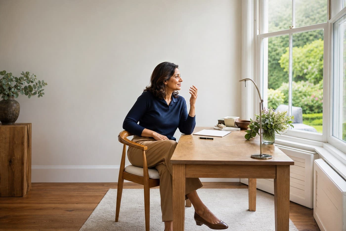 A woman in her late forties paused in a home office doorway holding a mug, trying to remember what she came in for.