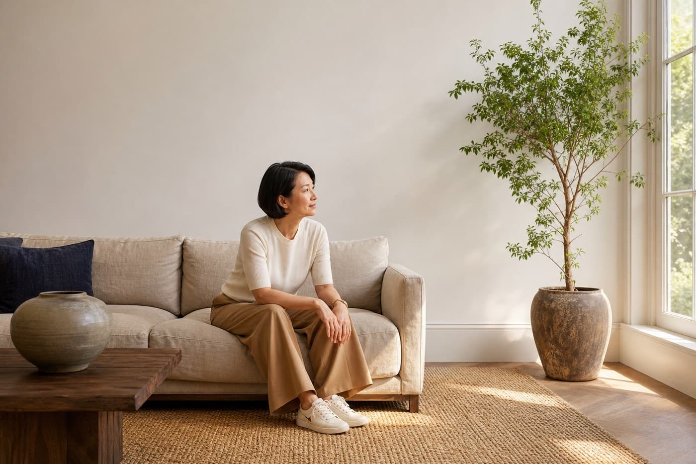 A woman in her forties sitting on the edge of a sofa in early evening light, hands together, looking out of frame.