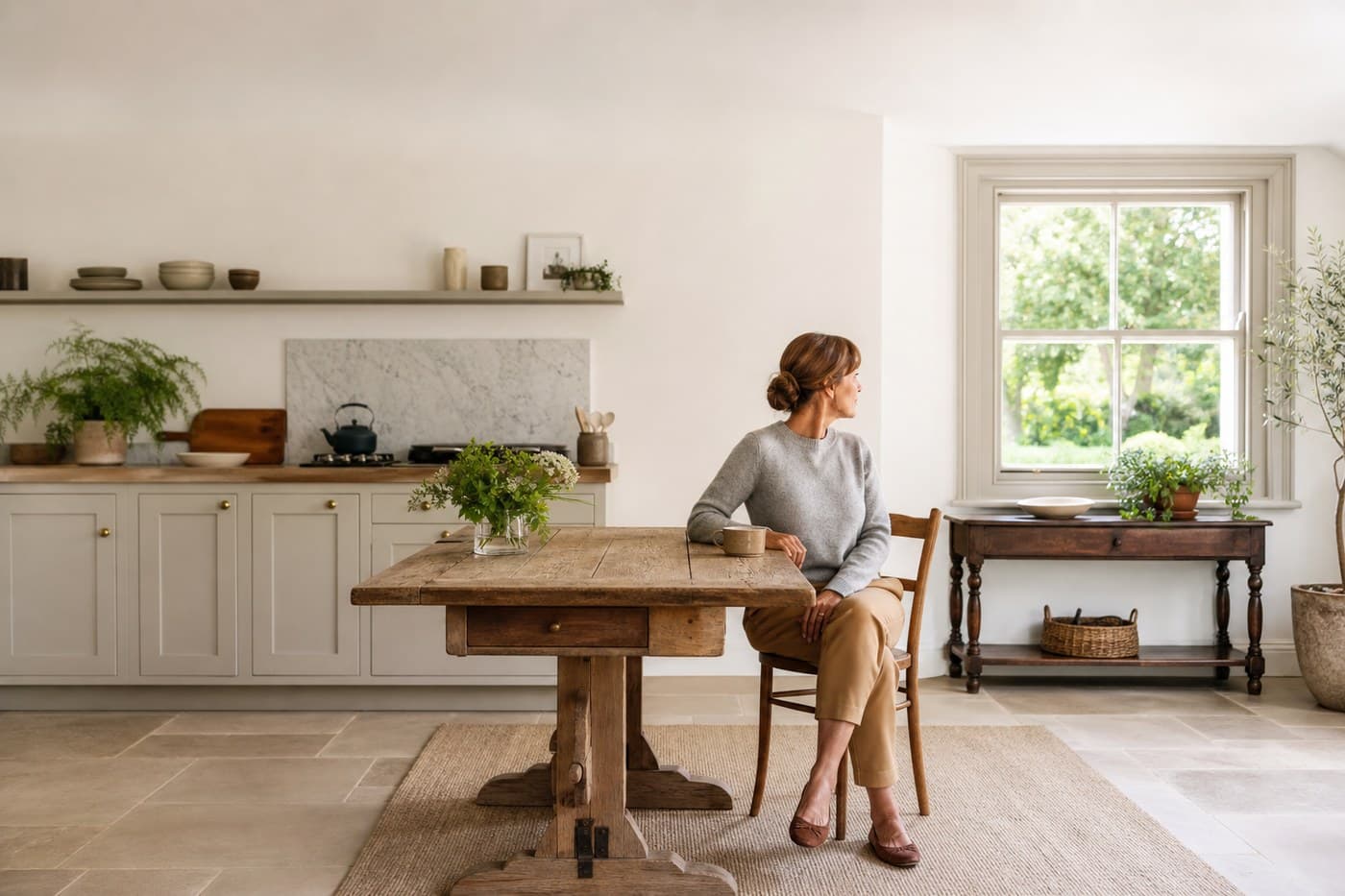 A woman around fifty sitting at a kitchen table in flat daylight, a cup of tea untouched in front of her.