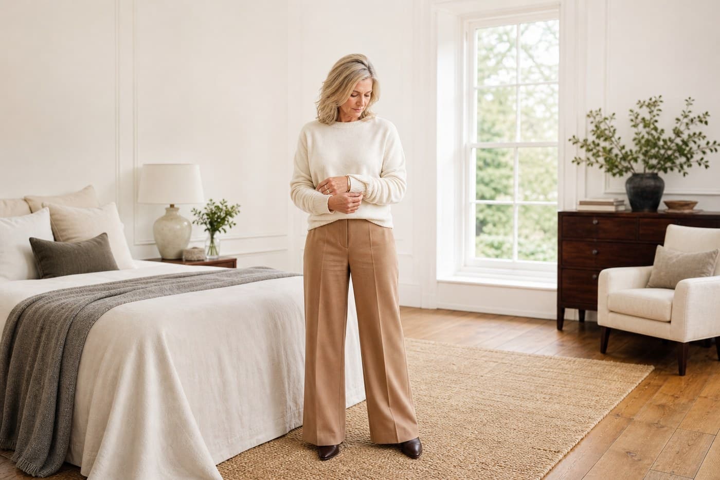 A woman in her late forties in a bright bedroom fastening a cardigan, calm and unposed.
