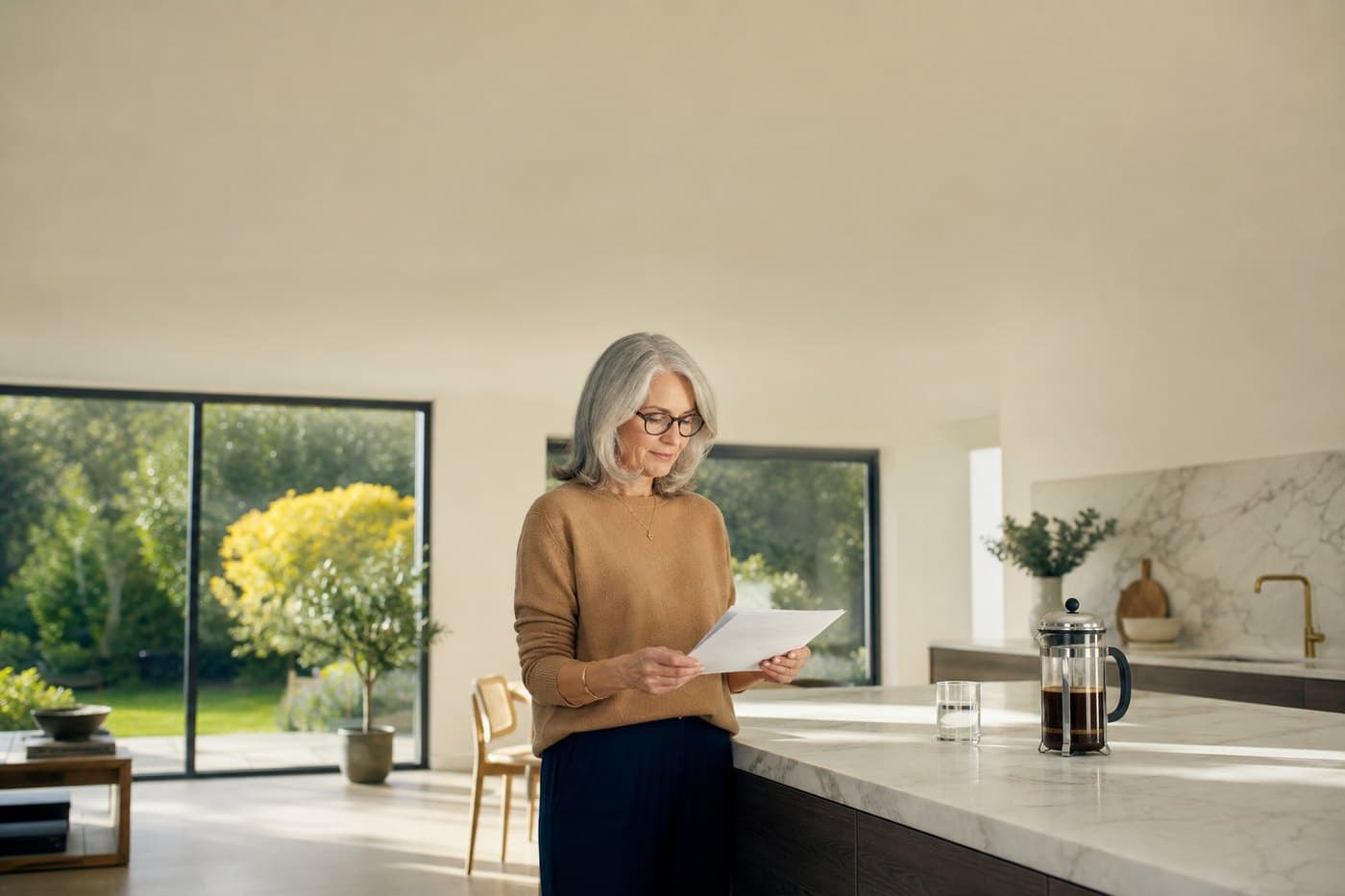 A woman at a marble kitchen island reading a printed lab report in bright morning light.