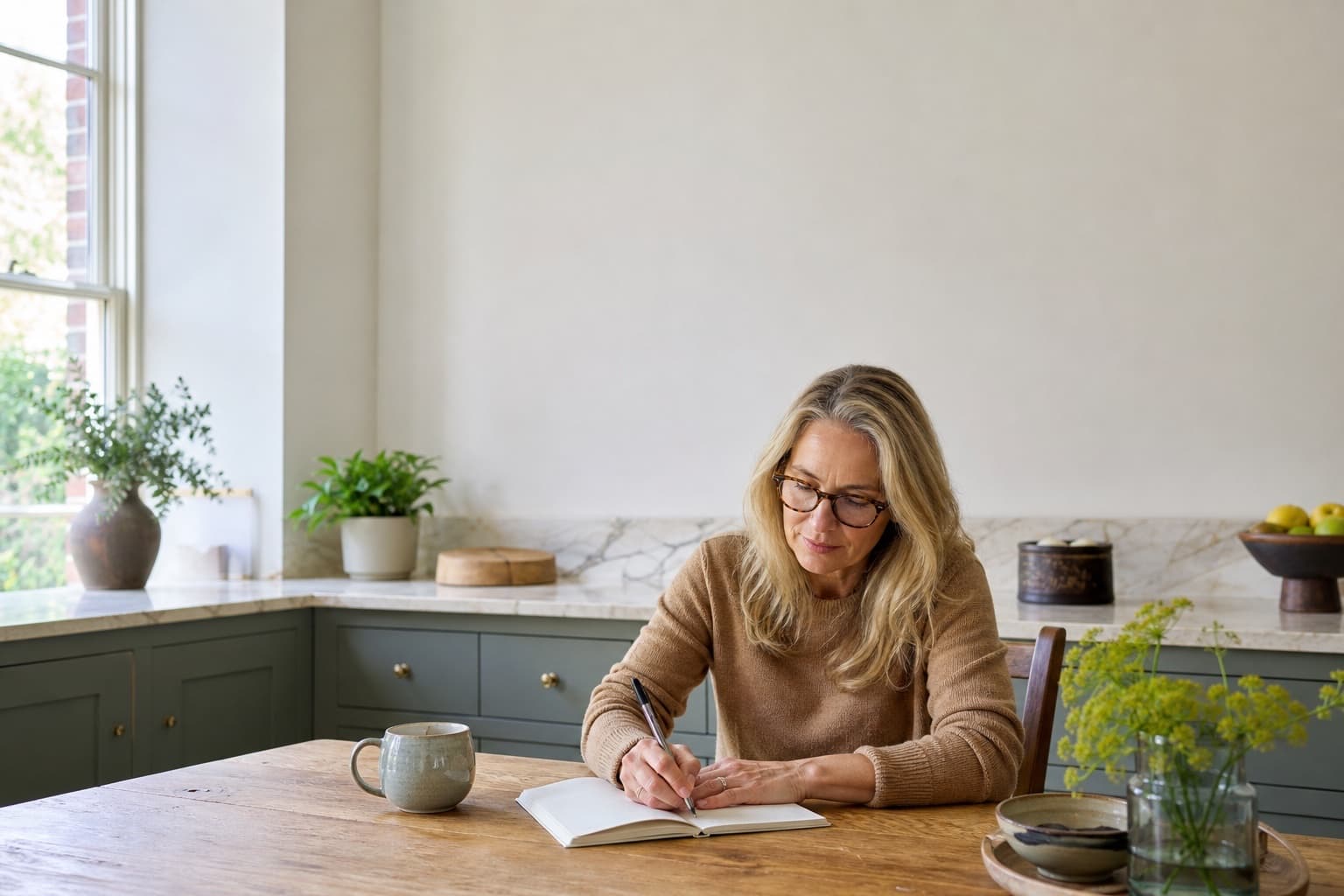 A woman at an oak kitchen table writing a list in a linen notebook, reading glasses on.