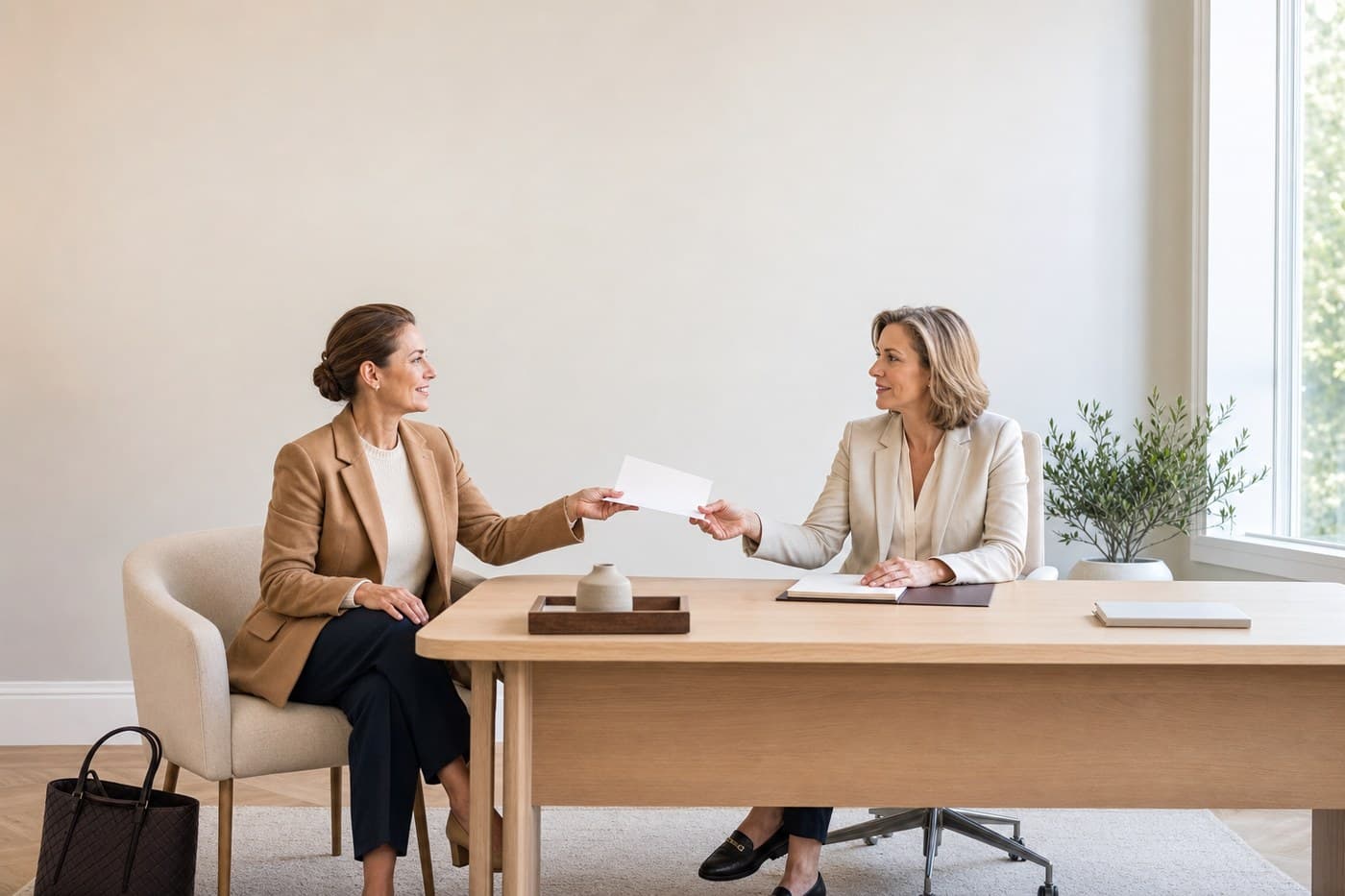 A woman in her late forties handing a written page to a doctor across a desk.