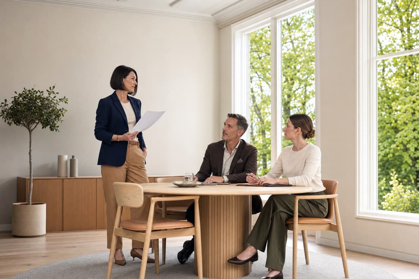 A woman in her fifties presenting from notes to two colleagues in a small bright meeting room.