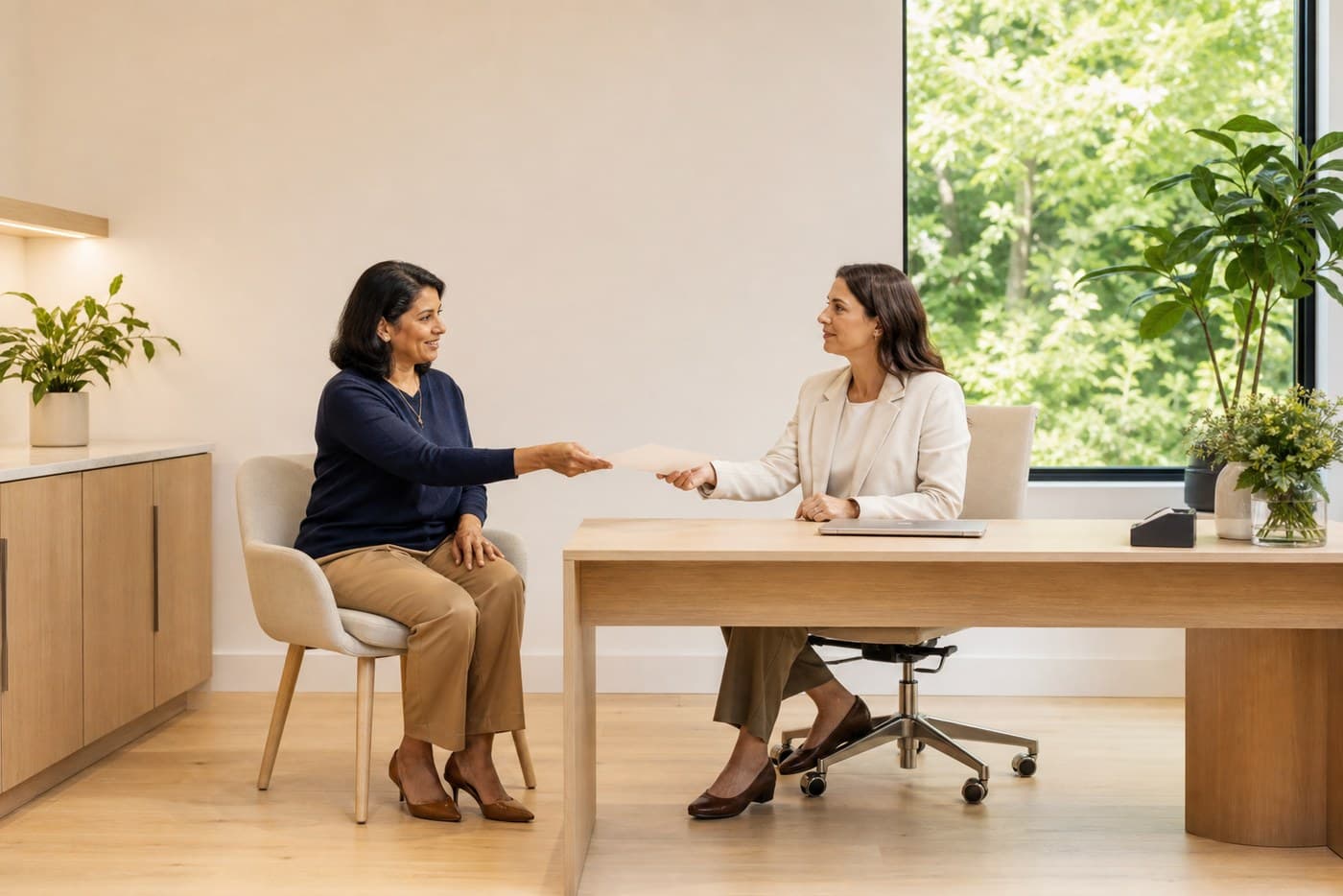 A woman in her late forties talking with a doctor across a desk in a bright consulting room, both mid-conversation.