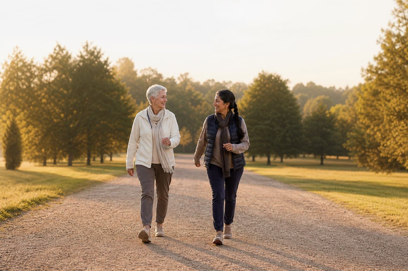 Two women mid stride and mid conversation on a tree-lined avenue in golden light.