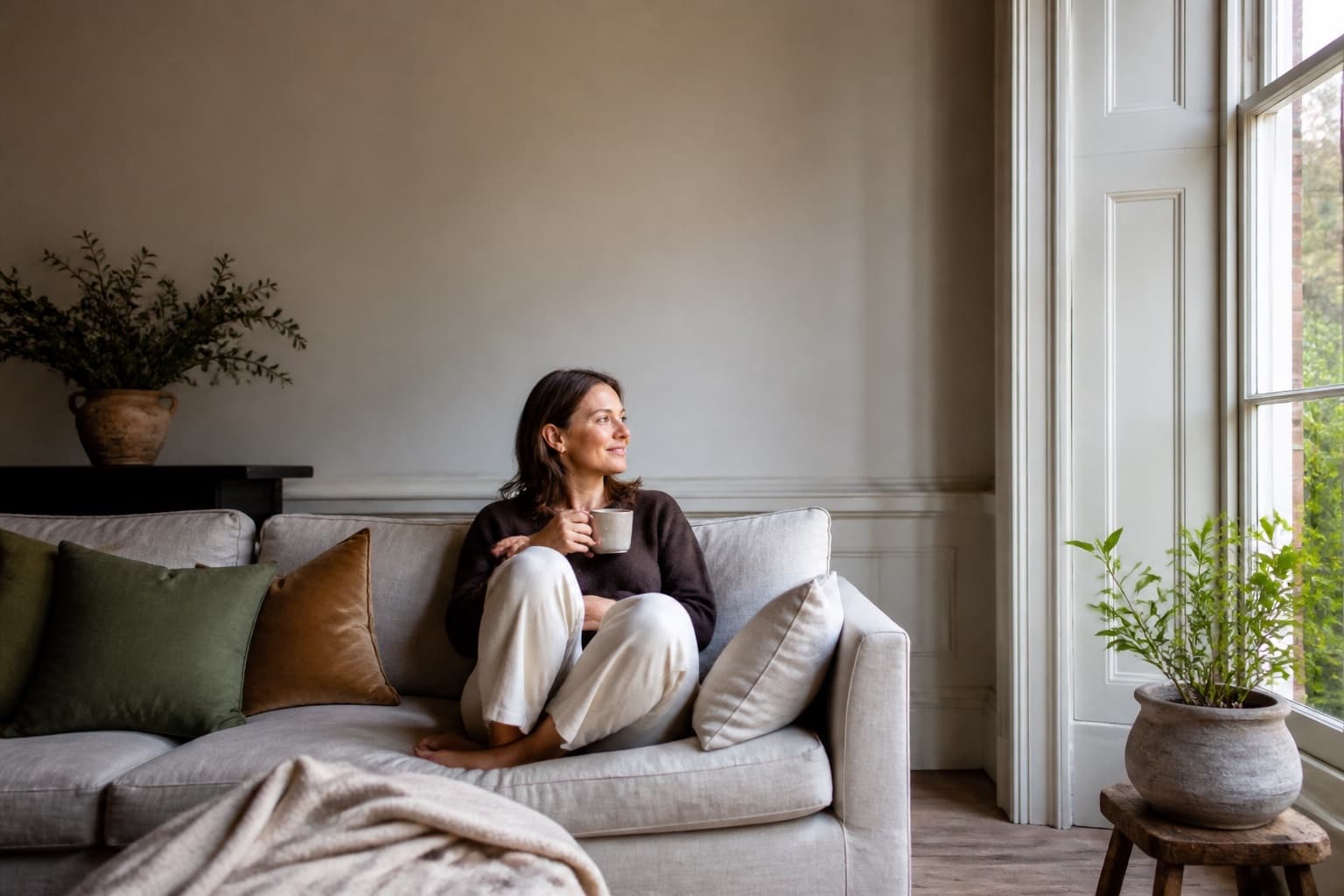 A woman in her late 30s curled on a linen sofa with a mug, looking toward the window.